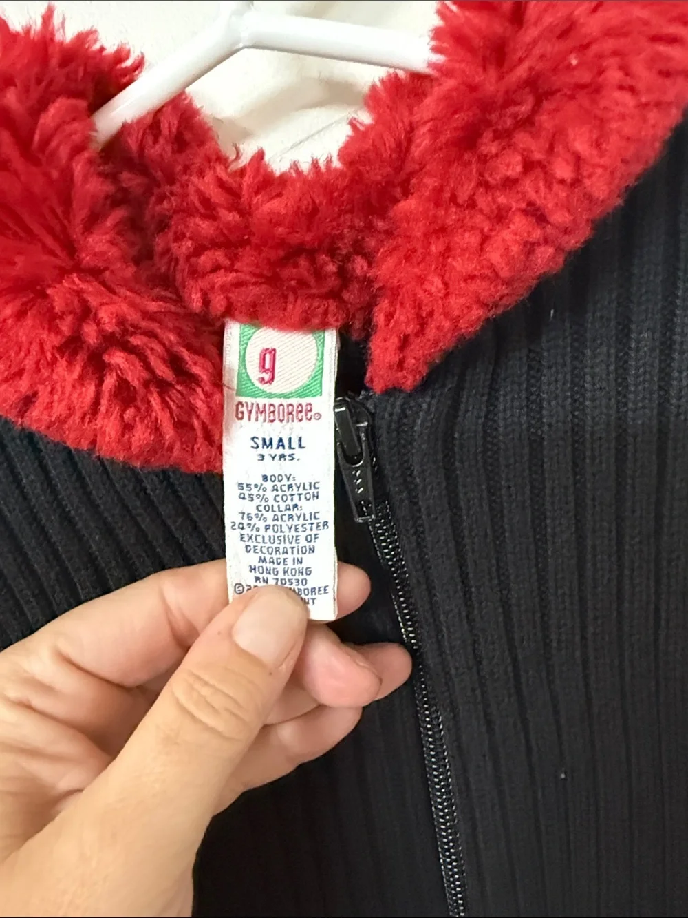 Gymboree Black Knit Zip Hoodie with Red Faux Fur Hood and Floral Embroidery